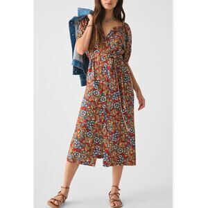FAHERTY NWT Carmel Linen Blend Tie Waist Red Floral Button Down Midi Dress // M